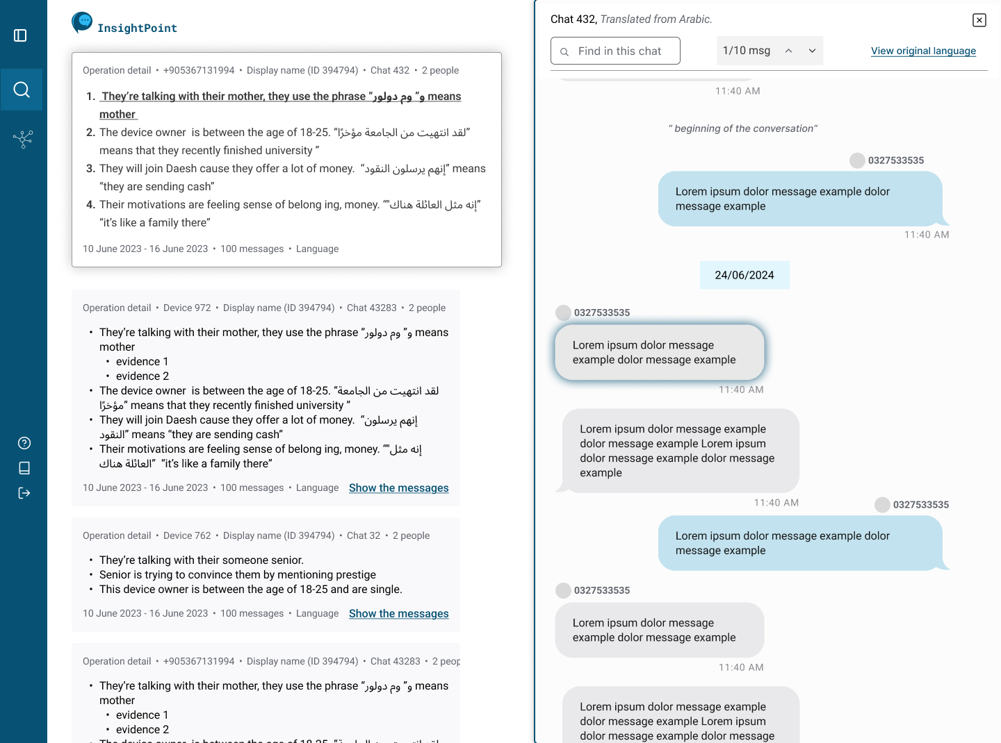 Message detail — translated thread with an analysis panel