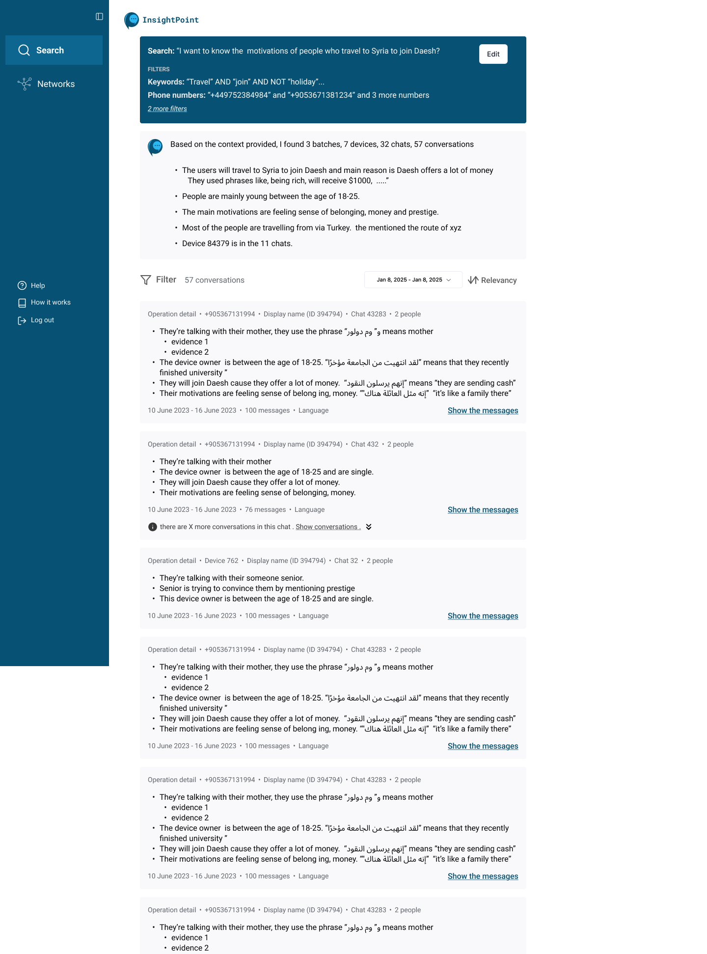 InsightPoint search results with summarised, evidence-backed findings