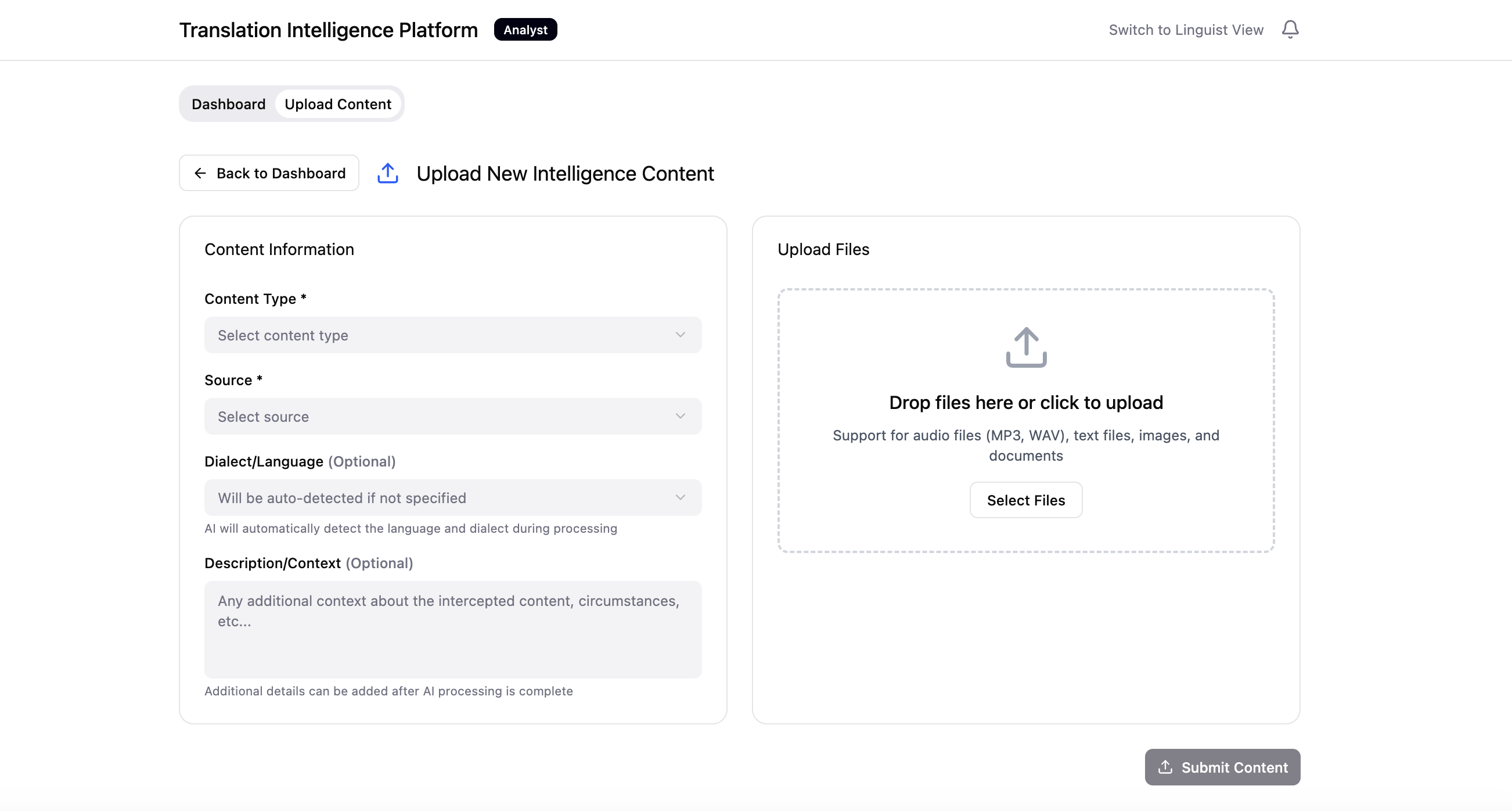 Upload view — content enters the platform and is auto-translated, with uncertainty detected